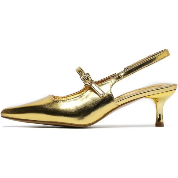 Amoji Women's Gold Closed Pointed Toe Kitten Slingback Low Heel Pumps For Party - Picture 2 of 8